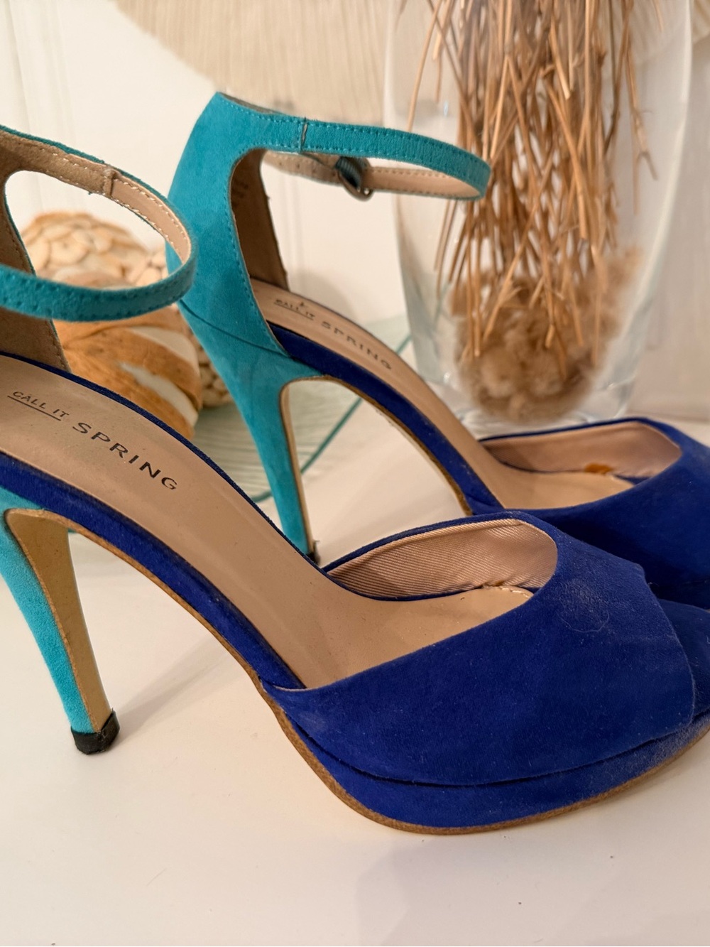 Call It Spring Two-Tone Cobalt and Teal Suede Ankle-Strap Heels